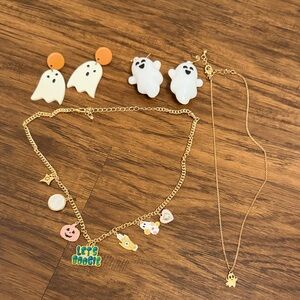 Charming Ghost and Pumpkin Jewelry Set - Gold and Orange